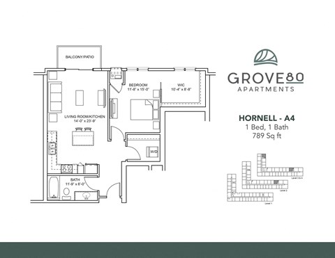 Floor plan for 1 bed, 1 bath, 789 sqft